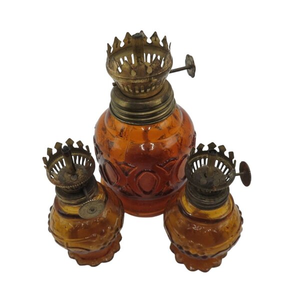 AMBER Glass Miniature Oil LAMP Trio With Hand-Painted Detailing Vintage - Picture 6 of 11